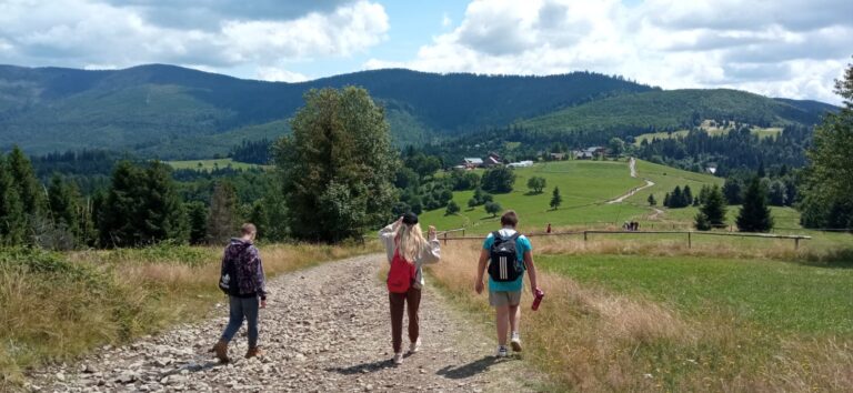 Wychowankowie podczas spaceru w górach. Podziwiają piękne krajobrazy.