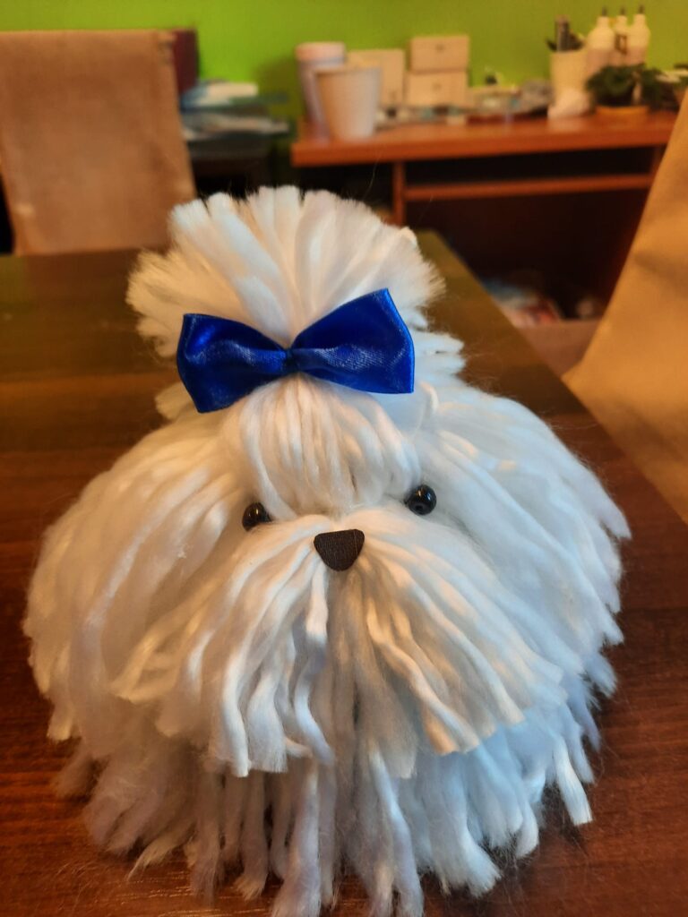 Na zdjęciu biały piesek wykonany z wełny.